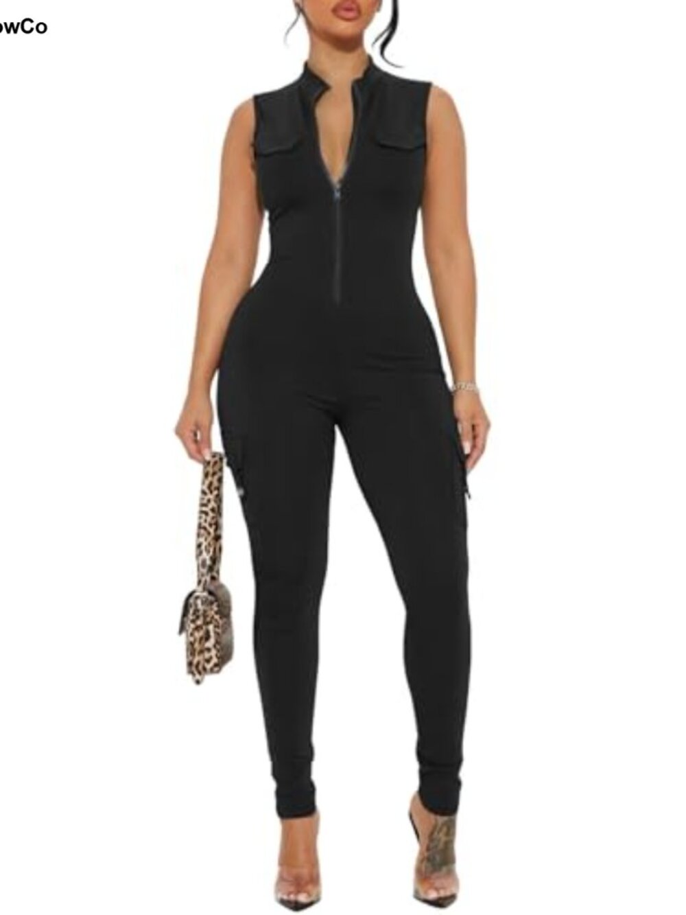 Women's Sleeveless Zip Up Front Bodycon Jumpsuit Workout One Piece